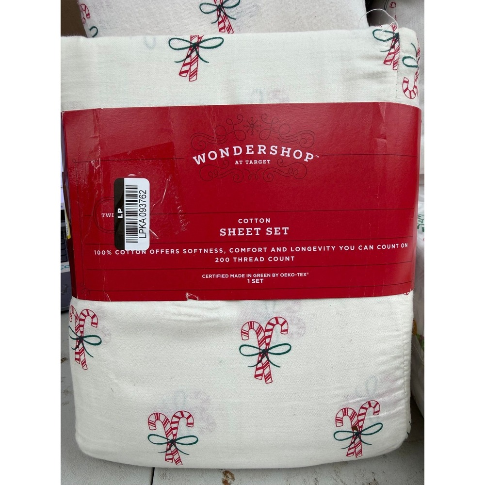 #161 Wondershop Full Cotton Christmas Sheet Set Candy Cane 4pc 14in Deep Pocket